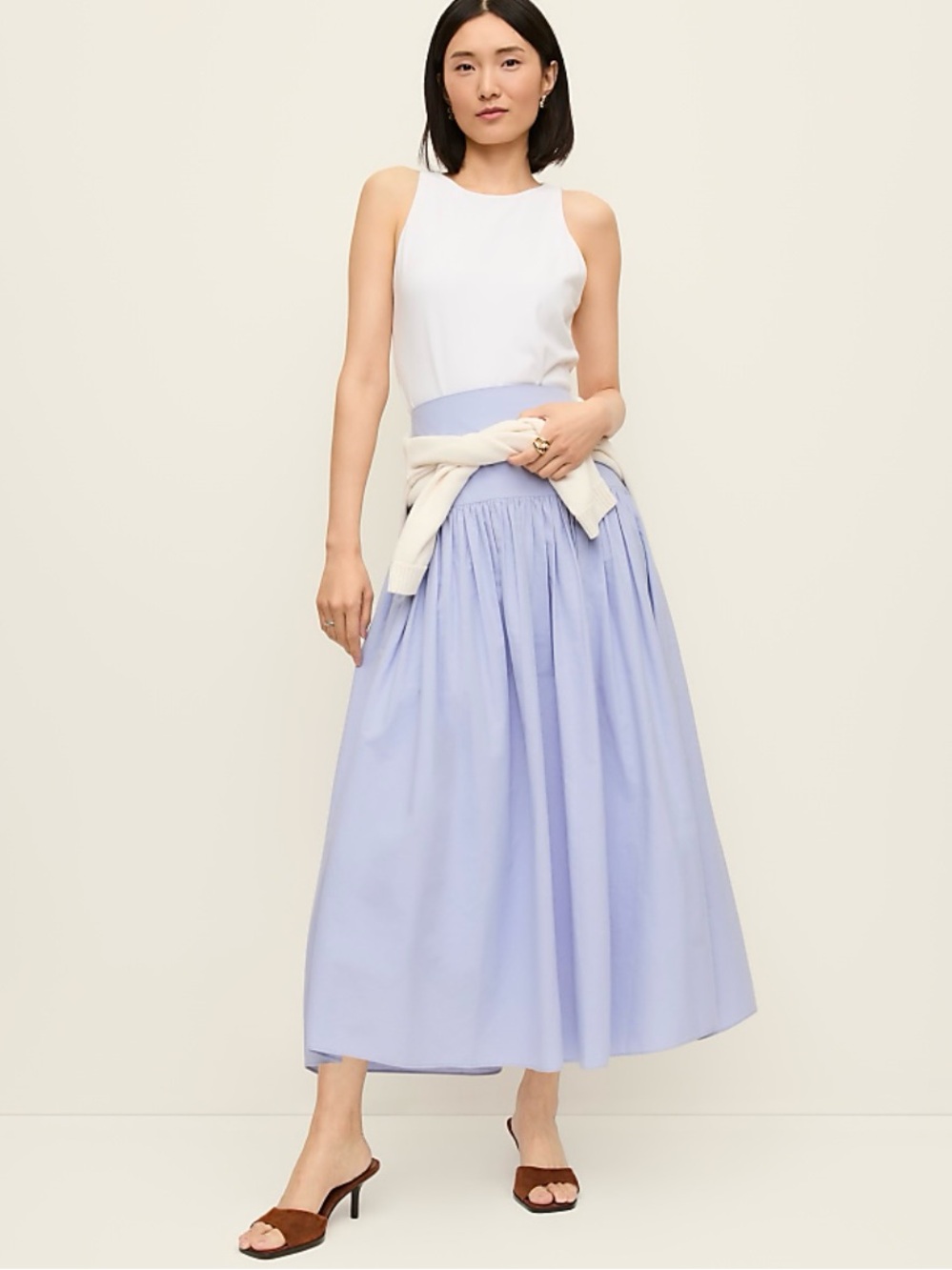 Ann Taylor Cotton Poplin Light Blue Gathered Midi Maxi Skirt 14 Career Modest